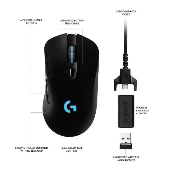 Мишка Logitech G703 Wireless Mouse Lightsync RGB Lightspeed Wireless HERO 25K DPI Sensor 400 IPS 6 Programmable Buttons 95g Black - Image 6