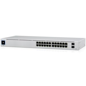 Ubiquiti USW-24-POE Gigabit Layer 2 switch with twenty-four Gigabit Ethernet ports including sixteen auto-sensing 802.3at PoE+ ports and two SFP ports