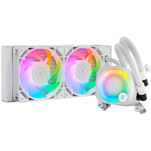 EK-Nucleus AIO CR240 Lux D-RGB - White 2x EK-FPT FAN 120 D-RGB PWM fans Rotatable ARGB Pump Top Intel Sockets LGA: 1150 1151 1155 1156 1200 1700 2011 2011-3 2066 AMD Sockets: AM4 AM5 5 Year Warranty