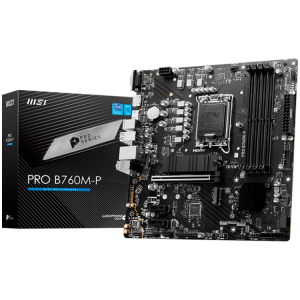 MSI PRO B760M-P mATX LGA 1700 Dual Channel DDR5 6800 1x PCIe x16 slots 2x M.2 slots 1x HDMI 1x DP 1x VGA 1x USB 3.2 Gen 2 Type-C 1x USB 3.2 Gen 1 4x USB 2.0 7.1 HD Audio 1Gbps LAN 3Y