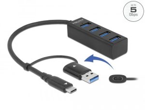 USB хъб Delock, 3.2 Gen 1, 4 x USB-A, USB-C, USB-A конектор, Черен