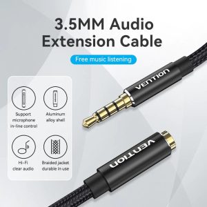 Vention Аудио Кабел Cotton Braided TRRS 3.5mm Male to 3.5mm F - 1.5m - Gold plated, Aluminum alloy - BHCBG