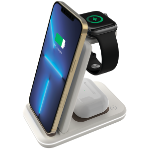 CANYON WS-304,  Foldable  3in1 Wireless charger with touch button for Running water light Input 9V/2A,  12V/1.5AOutput 15W/10W/7.5W/5W Type c to USB-A cable length 1.2m with QC18W EU plug,132.51*75*28.58mm 0.168Kg Cosmic Latte