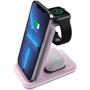 CANYON WS-304,  Foldable  3in1 Wireless charger with touch button for Running water light Input 9V/2A,  12V/1.5AOutput 15W/10W/7.5W/5W Type c to USB-A cable length 1.2m with QC18W EU plug,132.51*75*28.58mm 0.168Kg Iced Pink