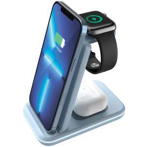 CANYON WS-304 Foldable  3in1 Wireless charger with touch button for Running water light Input 9V/2A,  12V/1.5AOutput 15W/10W/7.5W/5W Type c to USB-A cable length 1.2m with QC18W EU plug,132.51*75*28.58mm 0.168Kg,Blue
