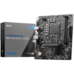 MSI PRO H610M-E mATX Socket 1700 Dual Channel DDR4 3200+MHz 1x PCIe x16 slot 1x M.2 slot 1x HDMI 1x VGA 2x USB 3.2 Gen 1 4x USB 2.0 7.1 HD Audio Realtek ALC897 Codec 3Y