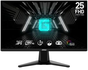 Монитор, MSI G255F, 24.5", Rapid IPS, 180Hz, 1ms, 1920x1080 FHD, Anti-glare, Adaptive-sync, Night Vision, Frameless, Anti-Flicker, Less Blue Light, 300 nits, 1000:1, 100M:1, 1x Display Port (1.2a), 2x HDMI (2.0b), Headphone out, Tilt, FRAMELESS