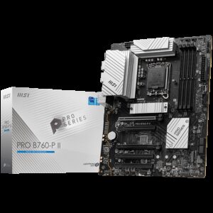 MSI PRO B760-P II ATX Intel B760 LGA 1700 Dual Channel DDR4 up to 7000MHz 4xDDR5 5x PCIe x16 slots 2x M.2 slots 1x HDMI  4x USB 2.0 4x USB 5Gbps 7.1 HD Audio 2.5G LAN 4x EZ Debug LED 3Y