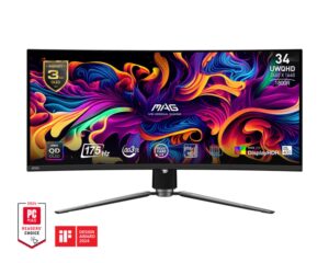 Монитор, MSI MAG 341CQP QD-OLED, 34", 175Hz, 0.03ms, UWQHD 3440x1440, Oled Care 2.0, Fanless Design with Graphene, ClearMR 9000, HDR True Black 400, KVM, 250 nits, 1500000:1, 100M;1, DP (1.4a), 2x HDMI (2.1), Type-C (DP alt. PD 15W), USB HUB, Adj.Stand 100mm, VES