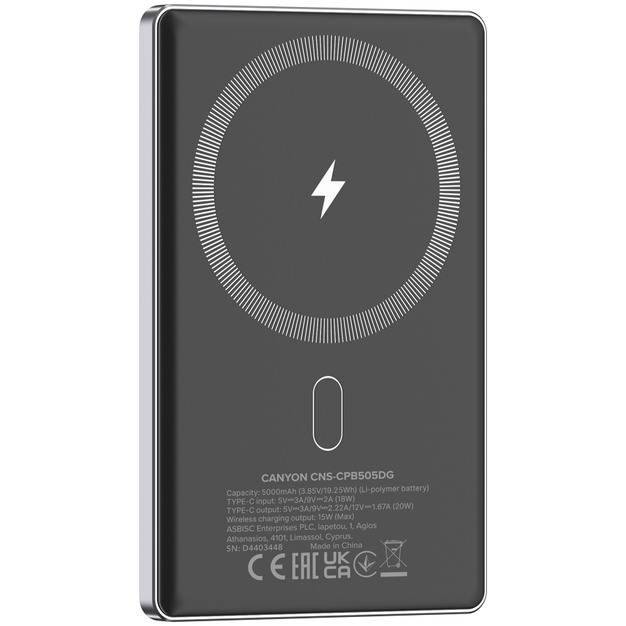 CANYON power bank OnPower 505 slim Magsafe 5000 mAh PD20W Dark Grey - Image 4