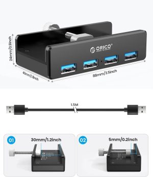 Orico хъб USB 3.0 HUB Clip Type 4 port - aux Micro-USB power input, Black - MH4PU-P-BK