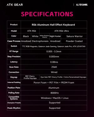 ATK професионална геймърска механична клавиатура Professional Gaming Mechanical Keyboard RS6 - 8K, Gateron Jade Pro Switches [Linear] - Black