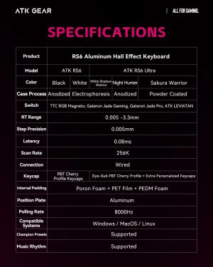 ATK професионална геймърска механична клавиатура Professional Gaming Mechanical Keyboard RS6 - 8K, Gateron Jade Pro Switches [Linear] - White