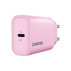 Canyon PD 30W Travel Charger EU standard Output: 5V3A 9V3A 15V2A Max Power 30W Pink. size: 87.8x39.8x23mm weight: 62.3g