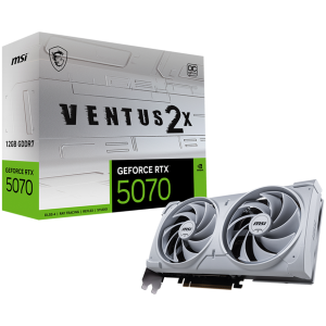 MSI Video Card Nvidia GeForce RTX 5070 12G VENTUS 2X OC WHITE 12GB GDDR7 192bit Effective Memory Clock: 28000MHz Boost: 2542 MHz 6144 CUDA Cores PCIe 5.0 3x DP 2.1b HDMI 2.1b RAY TRACING Dual Fan 1x16pin 650W Recommended PSU 3Y